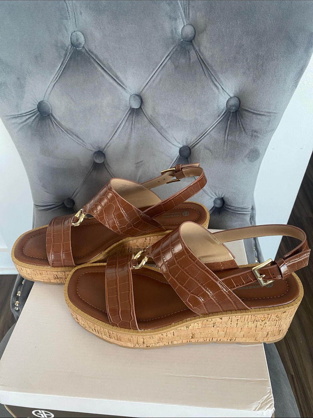 NWT Harper Brown Croc-Embossed Cork Platform Wedge Sandals
